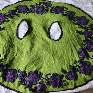 Handcrafted Green Wool Cape with Purple Floral Embroidery